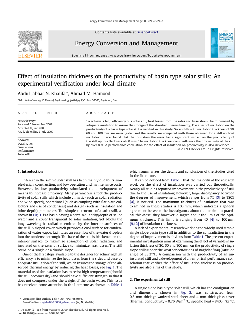 عکس صفحه اول مقاله: Effect of insulation thickness on the productivity of basin type solar stills: An experimental verification under local climate Effect of insulation thickness on the productivity of basin type solar stills: An experimental verification under local climate