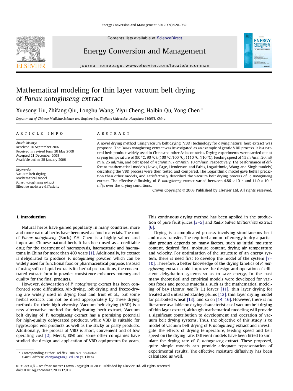 Mathematical modeling for thin layer vacuum belt drying of Panax notoginseng extract