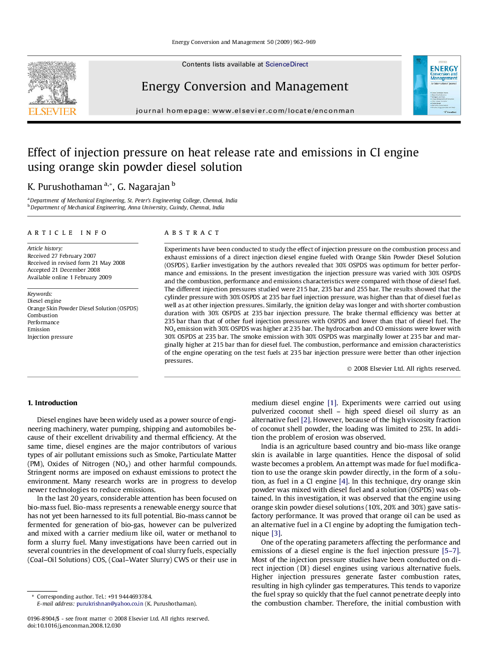 Effect of injection pressure on heat release rate and emissions in CI engine using orange skin powder diesel solution