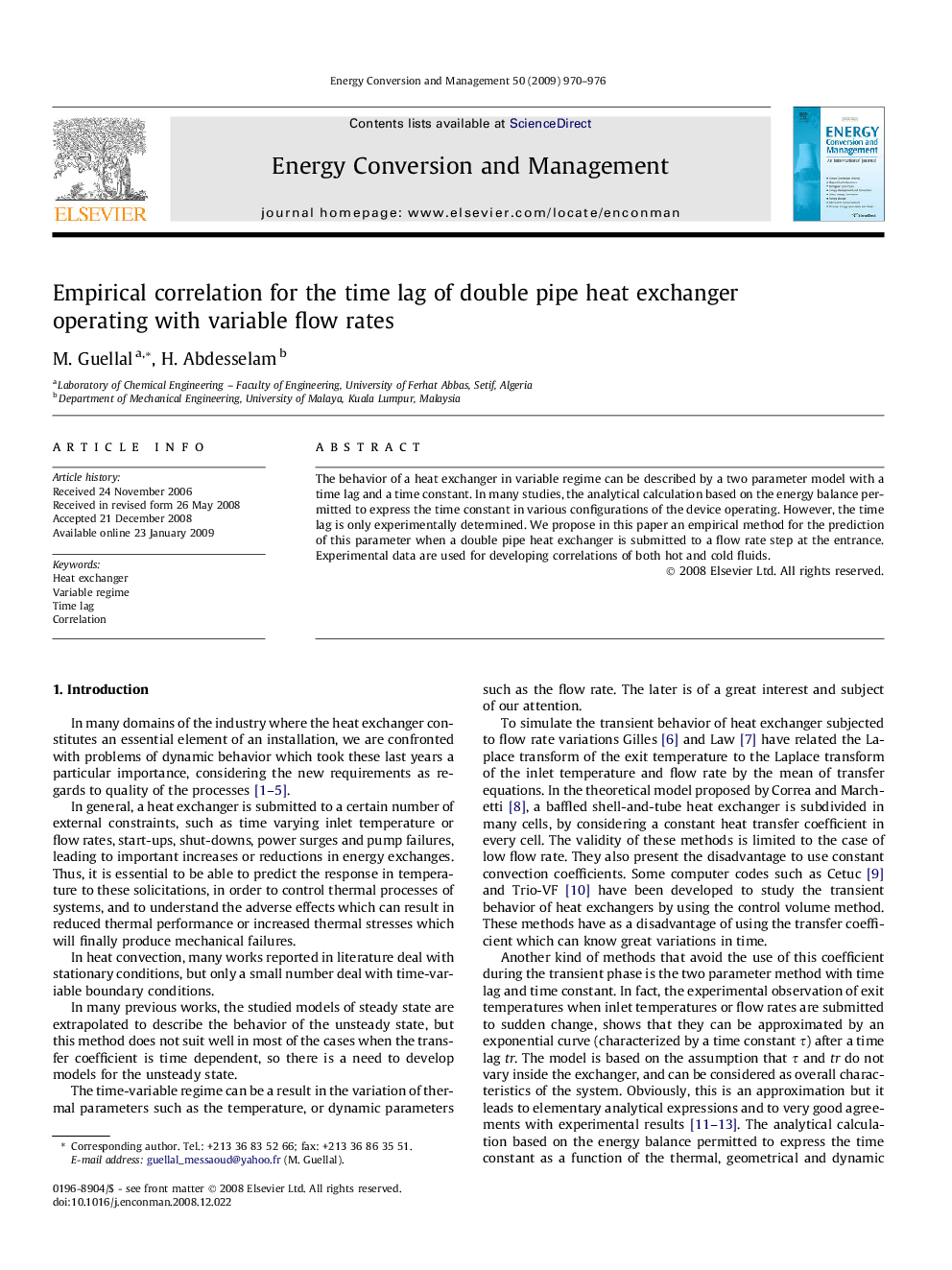 Empirical correlation for the time lag of double pipe heat exchanger operating with variable flow rates