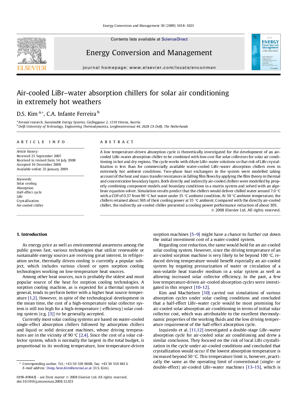 Air-cooled LiBr–water absorption chillers for solar air conditioning in extremely hot weathers