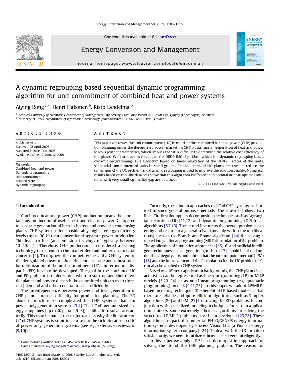 A dynamic regrouping based sequential dynamic programming algorithm for unit commitment of combined heat and power systems