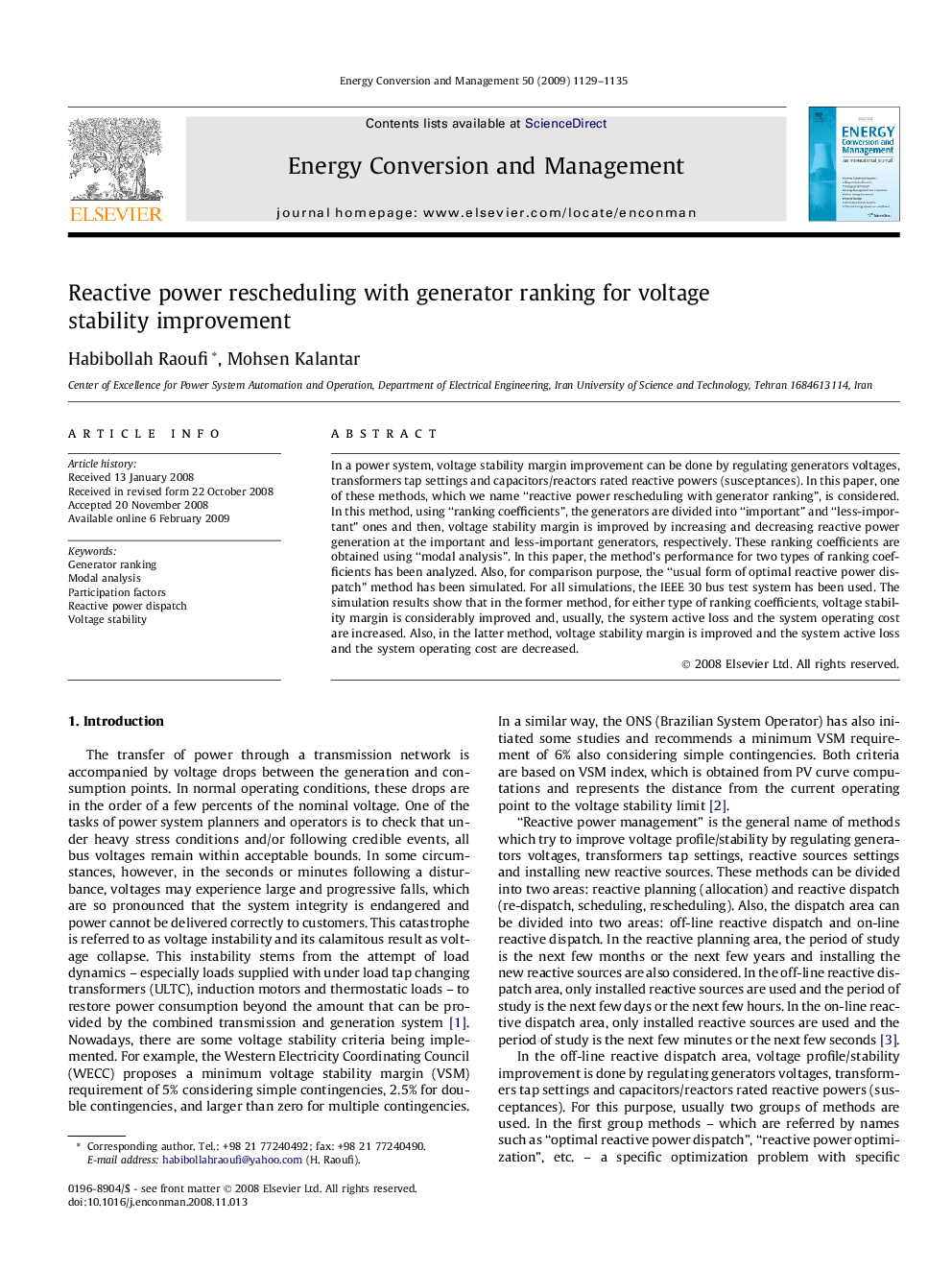 Reactive power rescheduling with generator ranking for voltage stability improvement