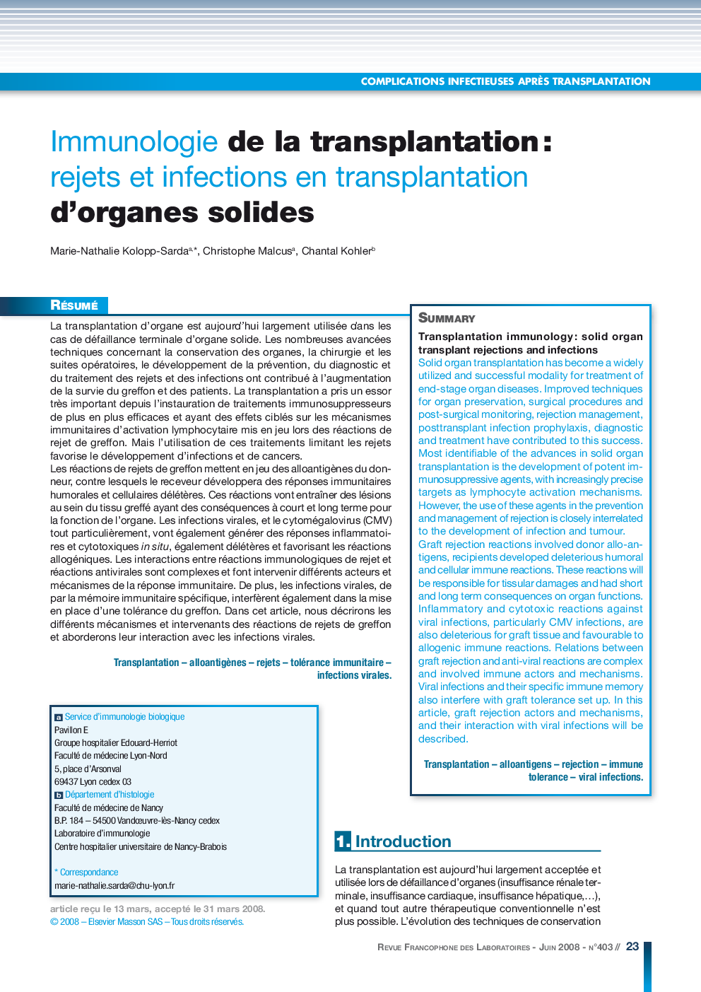 Immunologie de la transplantation : rejets et infections en transplantation d'organes solides