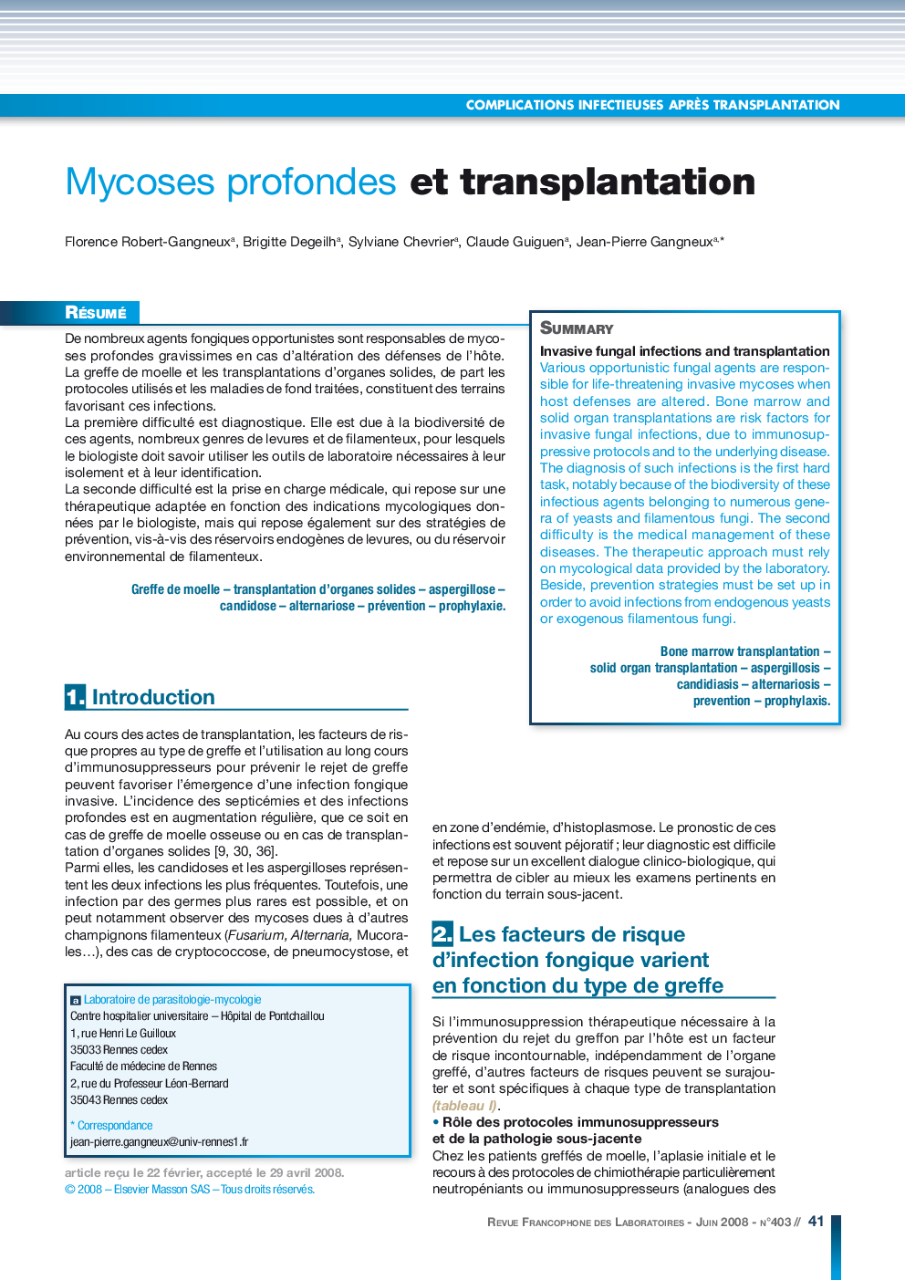 Mycoses profondes et transplantation