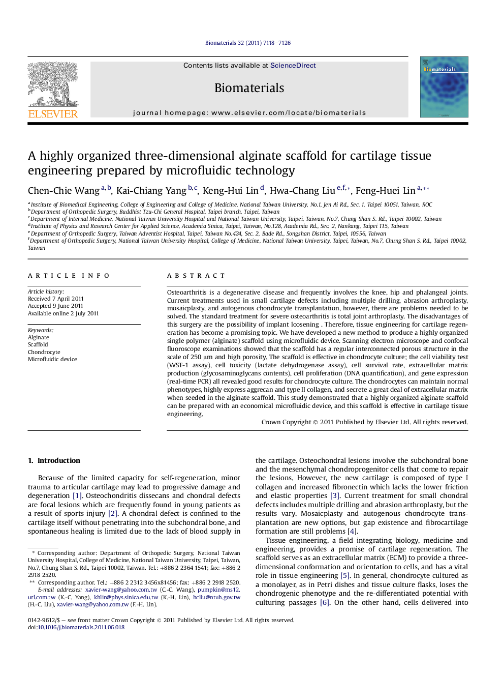 A highly organized three-dimensional alginate scaffold for cartilage tissue engineering prepared by microfluidic technology