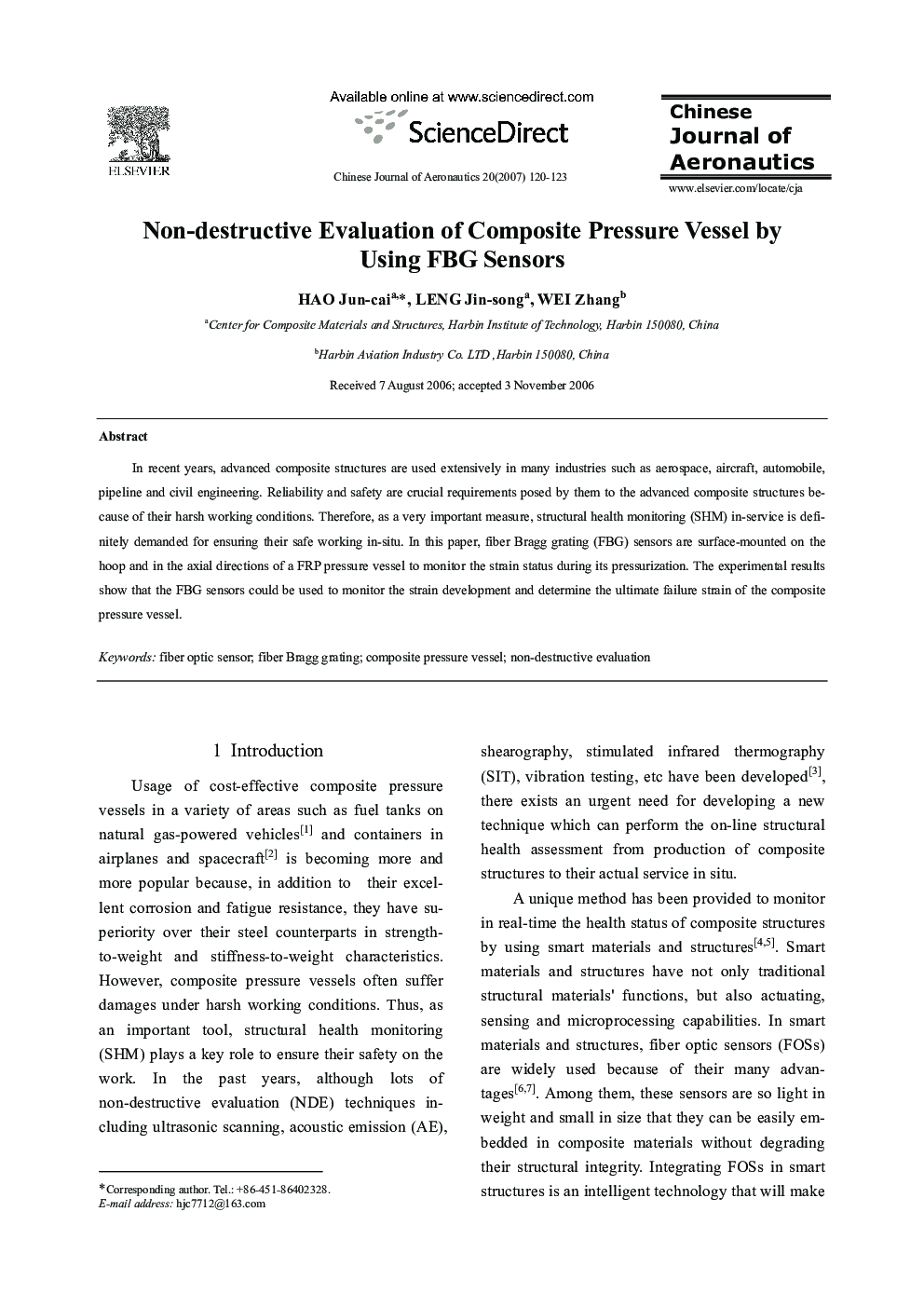 Non-destructive Evaluation of Composite Pressure Vessel by Using FBG Sensors