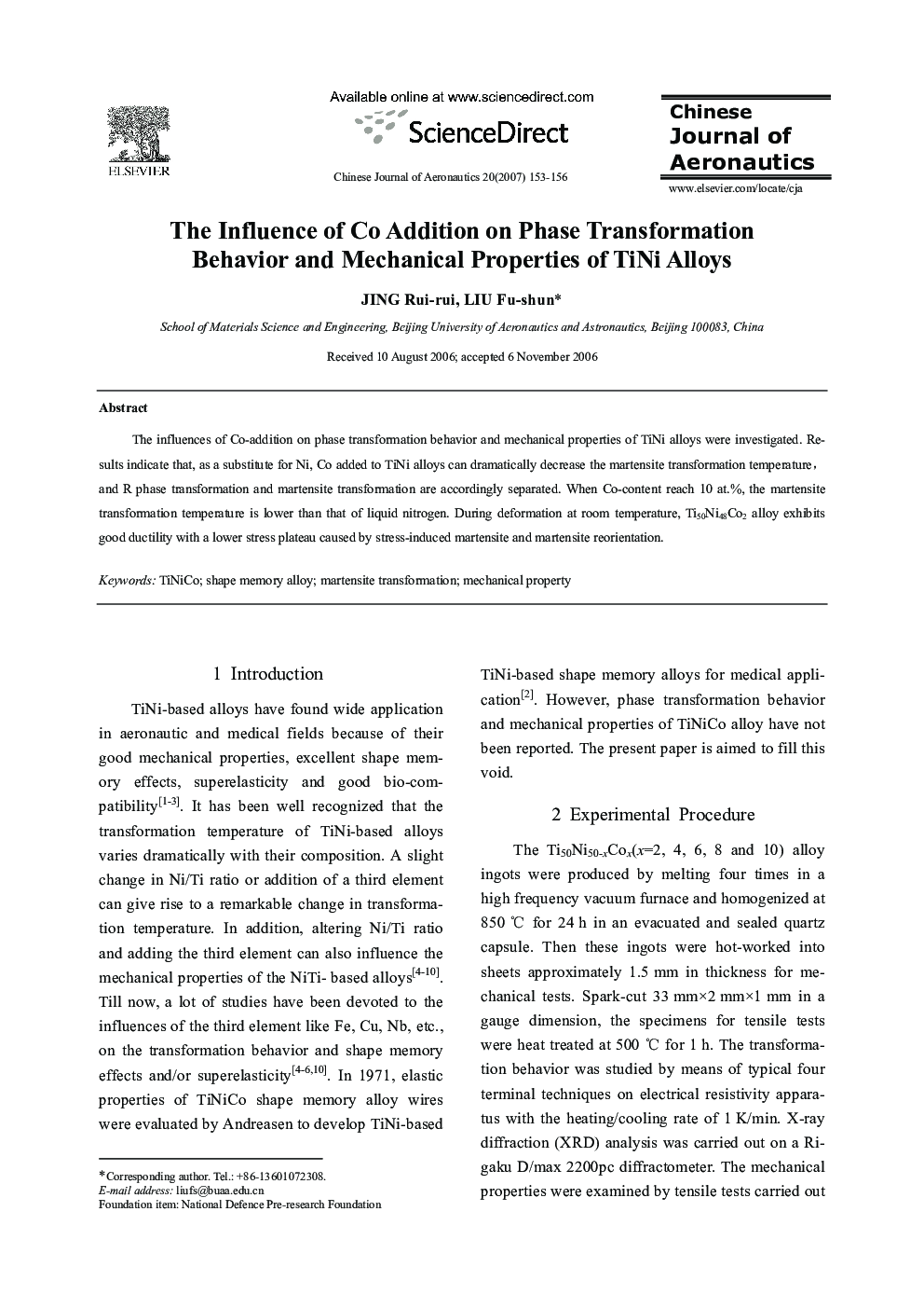 The Influence of Co Addition on Phase Transformation Behavior and Mechanical Properties of TiNi Alloys 