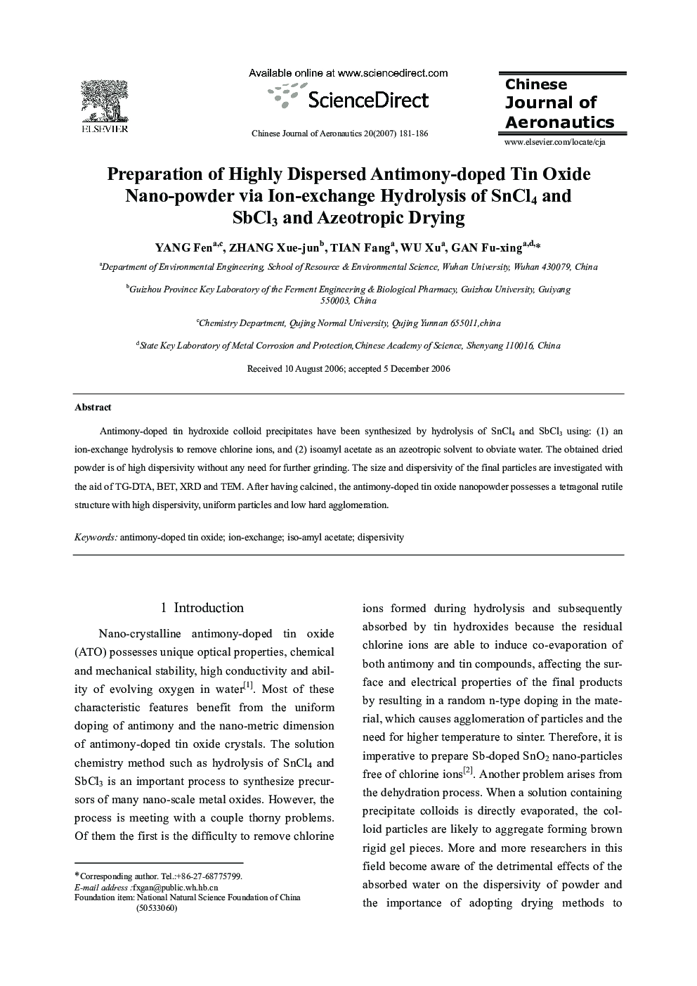 Preparation of Highly Dispersed Antimony-doped Tin Oxide Nano-powder via Ion-exchange Hydrolysis of SnCl4 and SbCl3 and Azeotropic Drying 