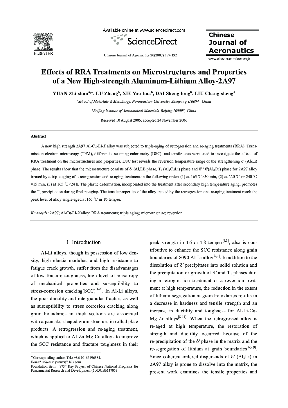 Effects of RRA Treatments on Microstructures and Properties of a New High-strength Aluminum-Lithium Alloy-2A97 