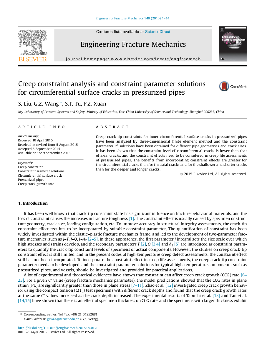 Creep constraint analysis and constraint parameter solutions for circumferential surface cracks in pressurized pipes