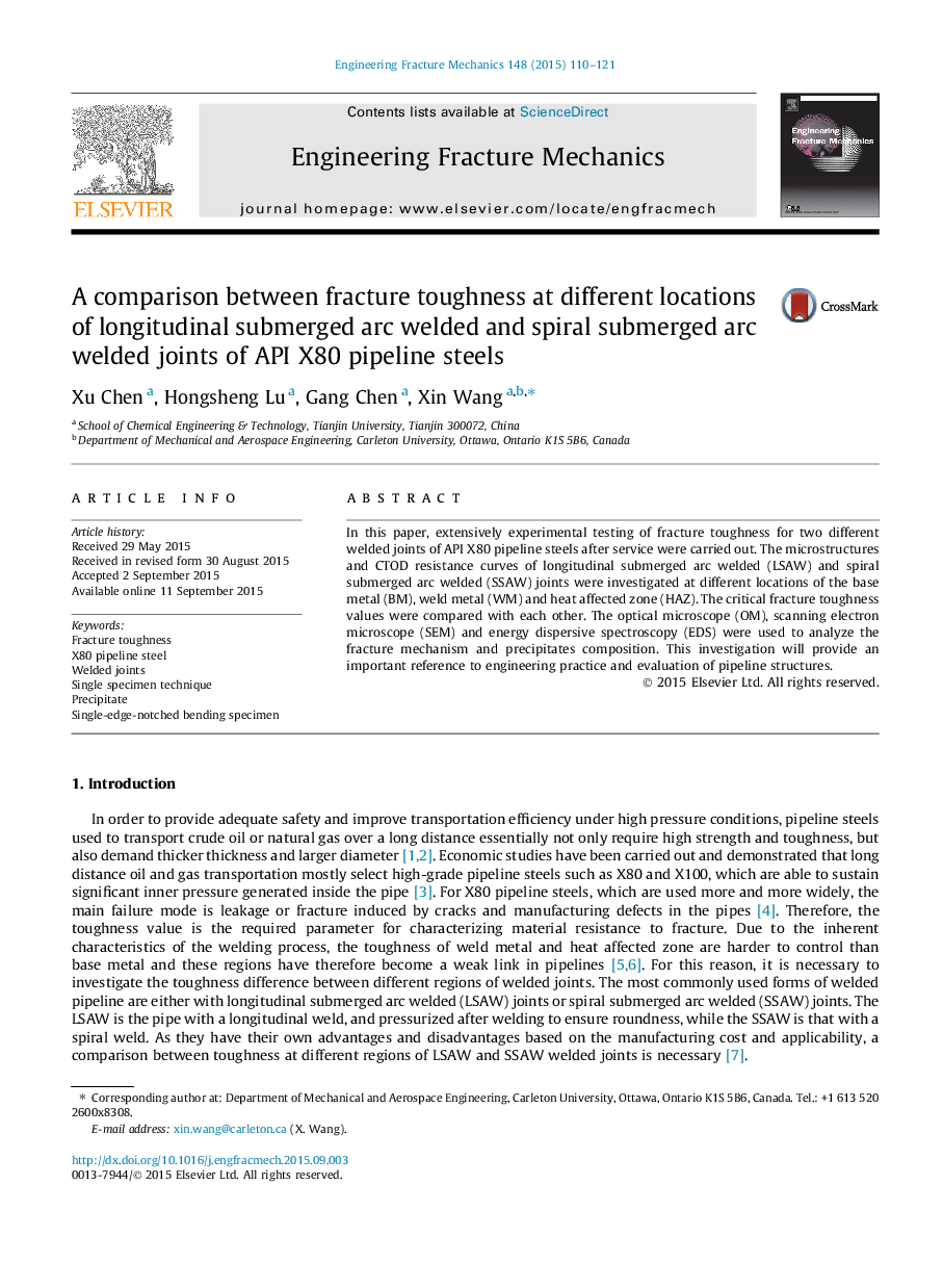 A comparison between fracture toughness at different locations of longitudinal submerged arc welded and spiral submerged arc welded joints of API X80 pipeline steels