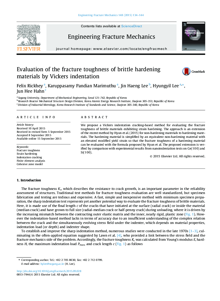 Evaluation of the fracture toughness of brittle hardening materials by Vickers indentation