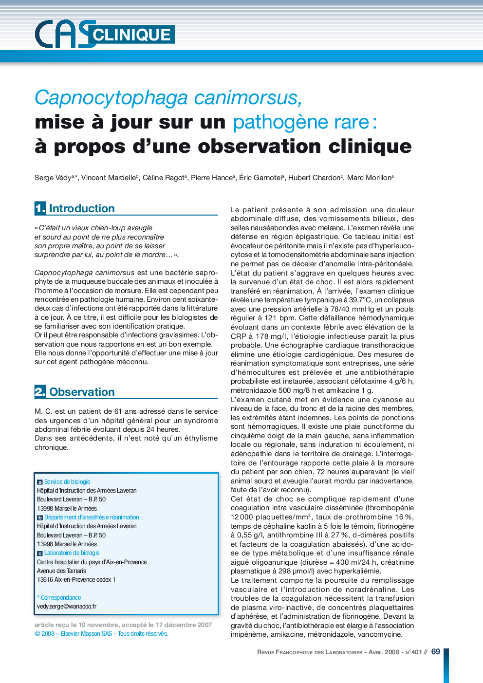 عکس صفحه اول مقاله: Capnocytophaga canimorsus, mise à jour sur un pathogène rare : à propos d'une observation clinique Capnocytophaga canimorsus, mise à jour sur un pathogène rare : à propos d'une observation clinique