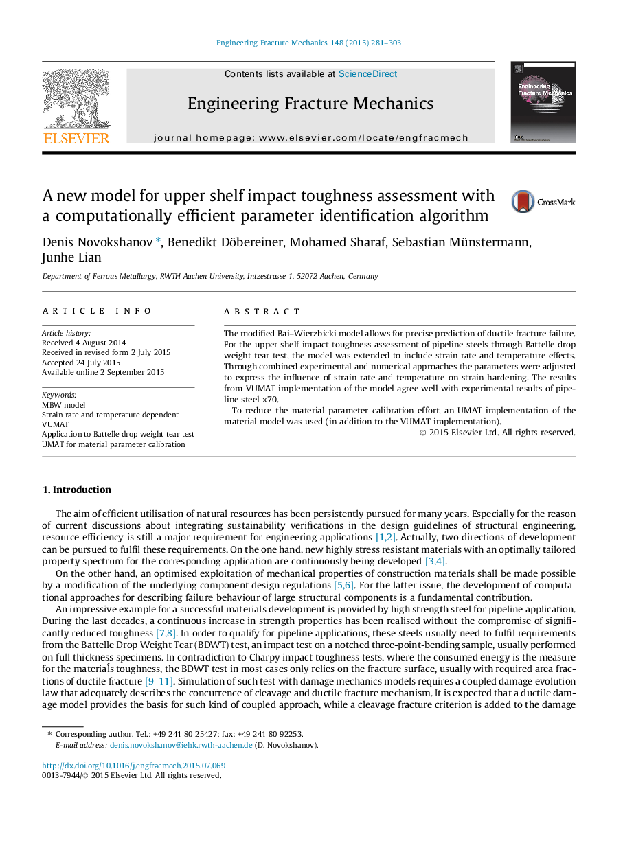 A new model for upper shelf impact toughness assessment with a computationally efficient parameter identification algorithm