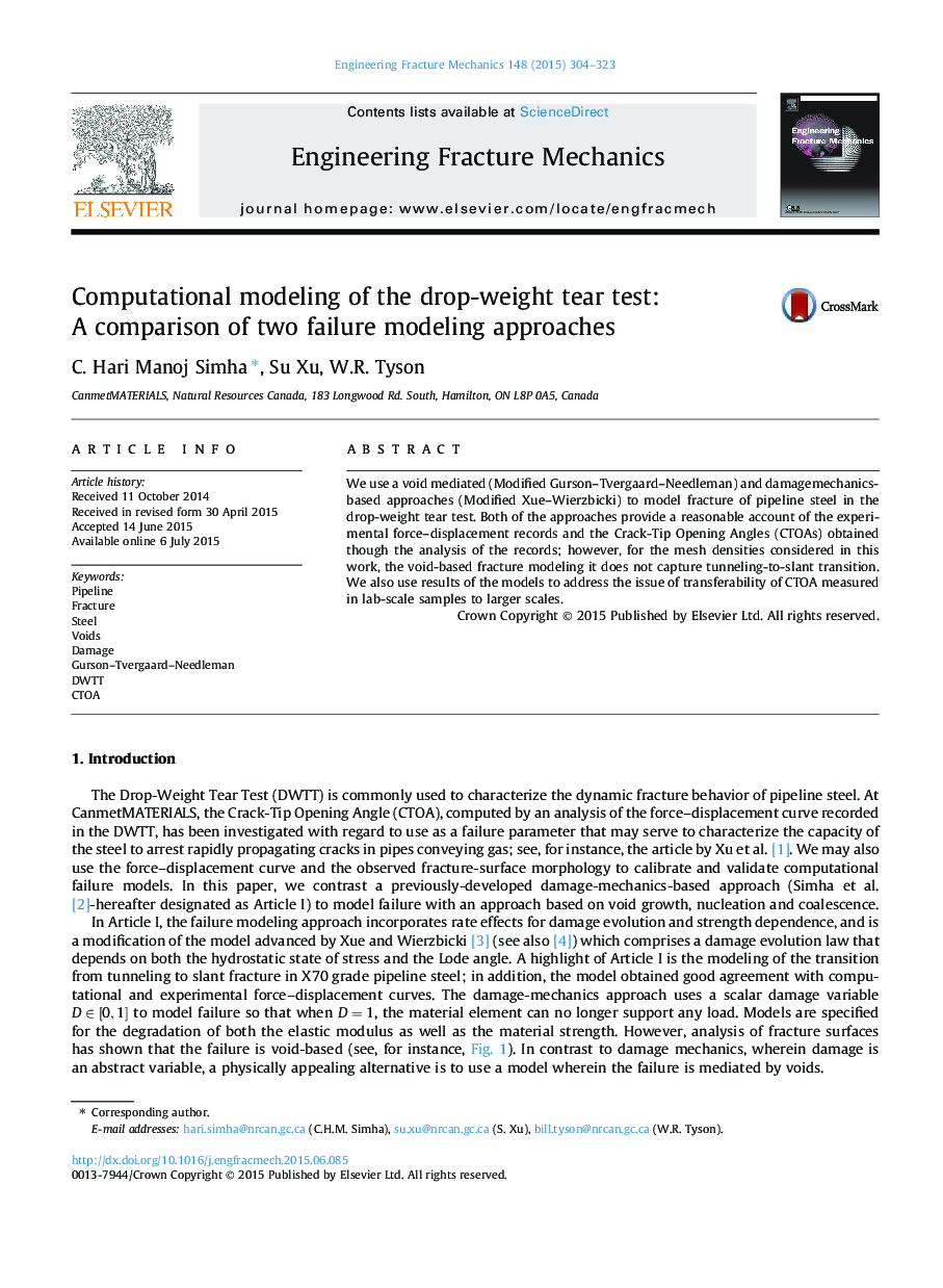 Computational modeling of the drop-weight tear test: A comparison of two failure modeling approaches