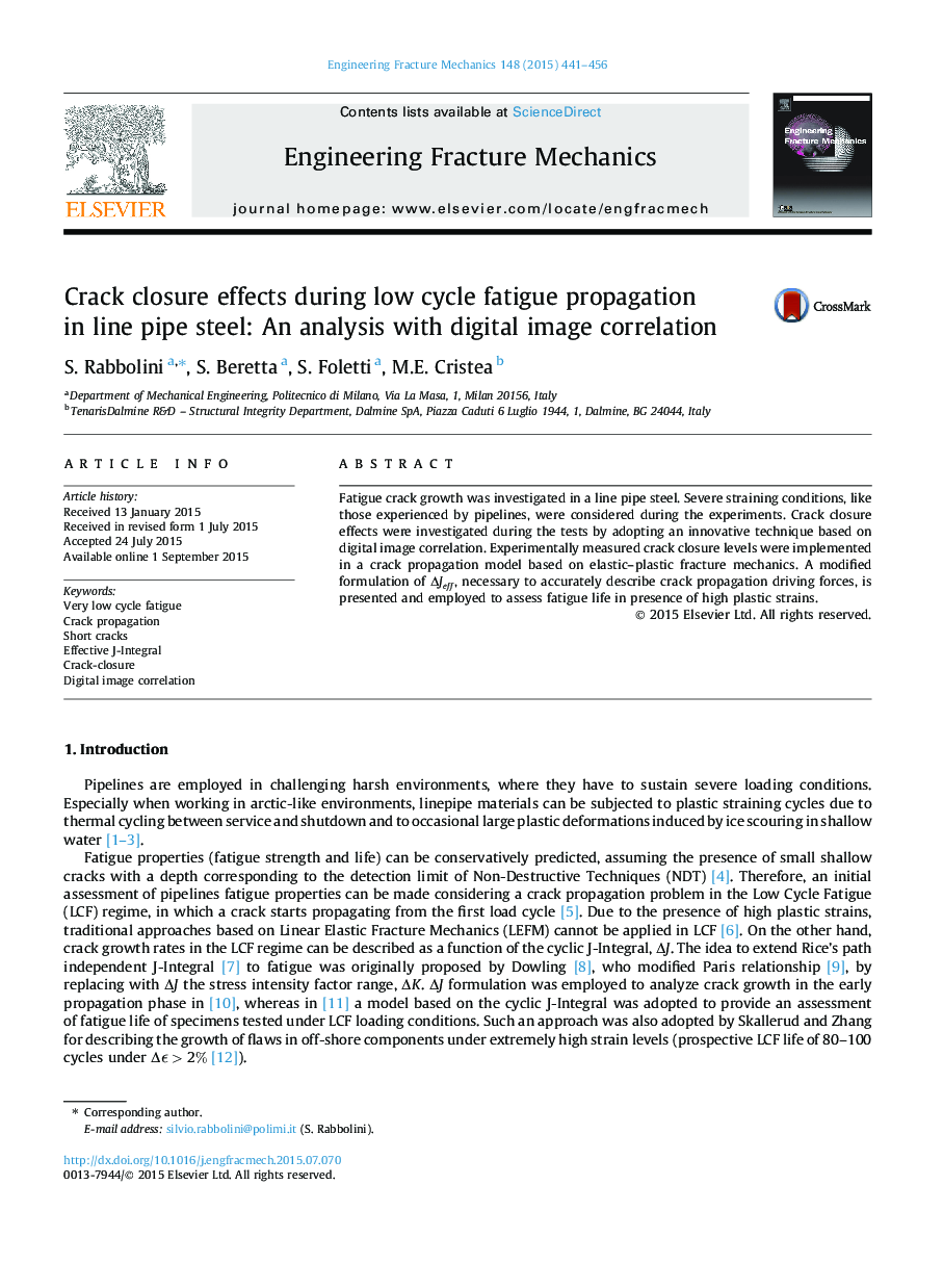 Crack closure effects during low cycle fatigue propagation in line pipe steel: An analysis with digital image correlation