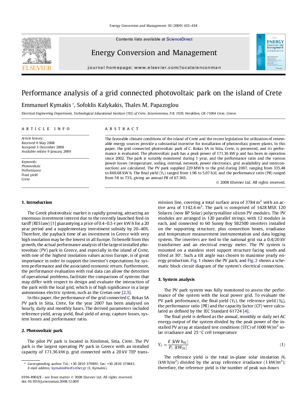 Performance analysis of a grid connected photovoltaic park on the island of Crete