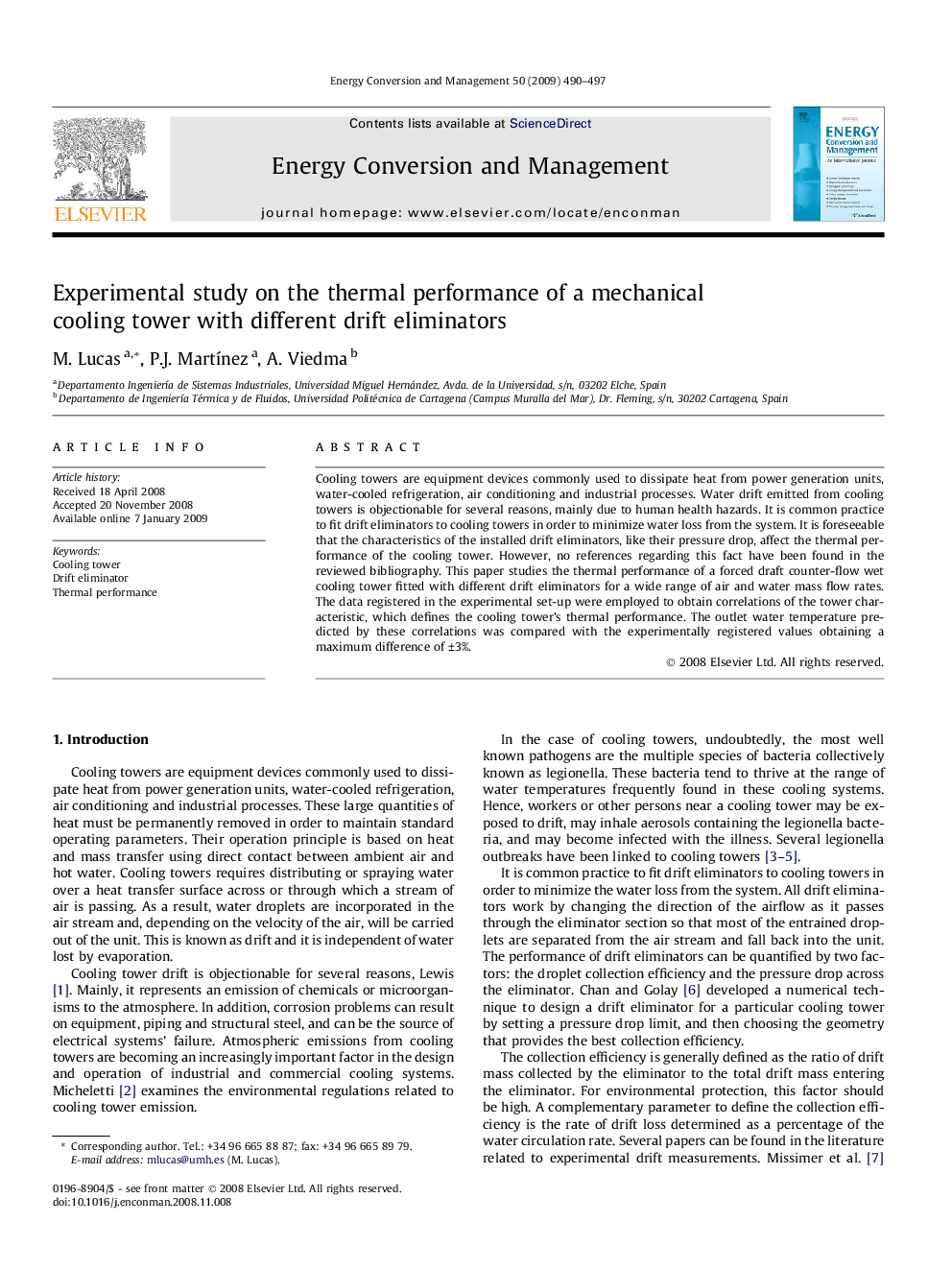 Experimental study on the thermal performance of a mechanical cooling tower with different drift eliminators