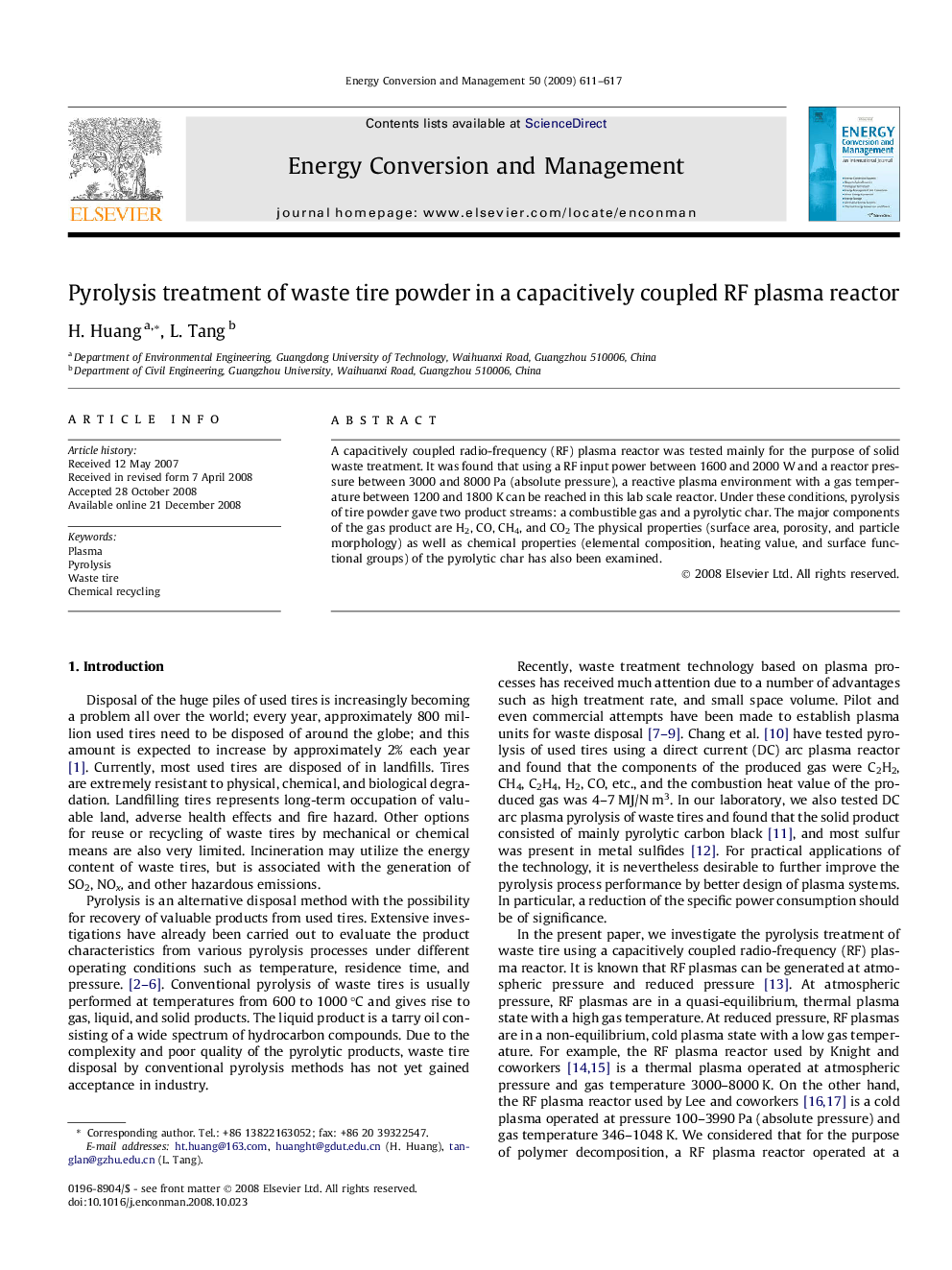 Pyrolysis treatment of waste tire powder in a capacitively coupled RF plasma reactor