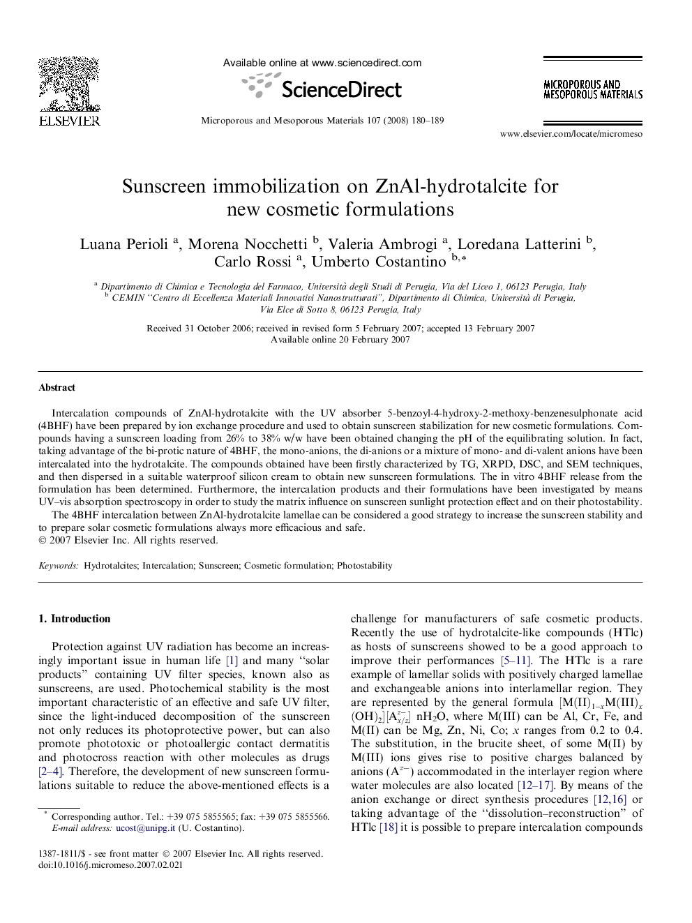 Sunscreen immobilization on ZnAl-hydrotalcite for new cosmetic formulations