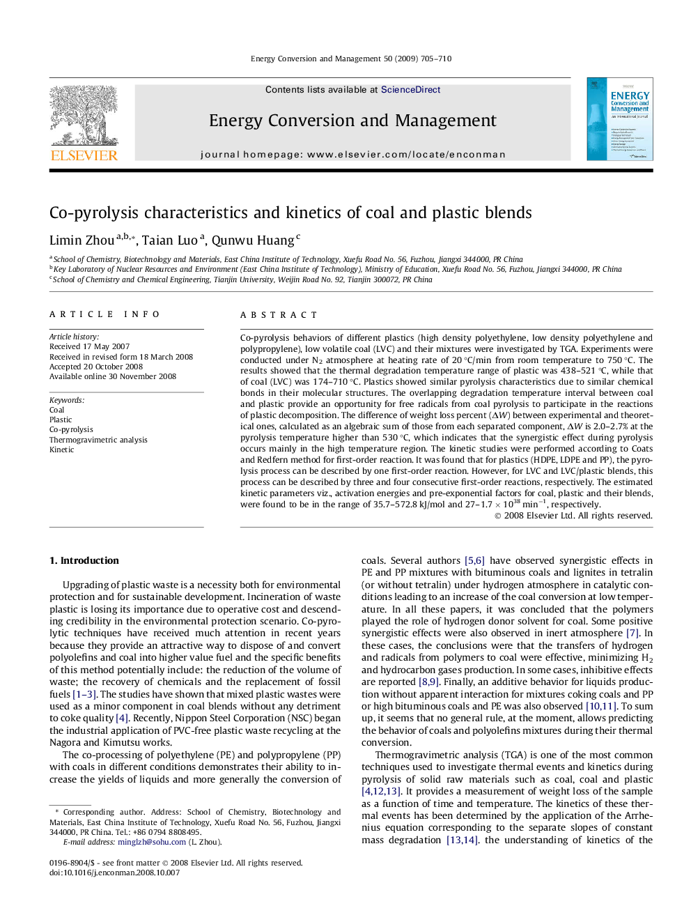 Co-pyrolysis characteristics and kinetics of coal and plastic blends