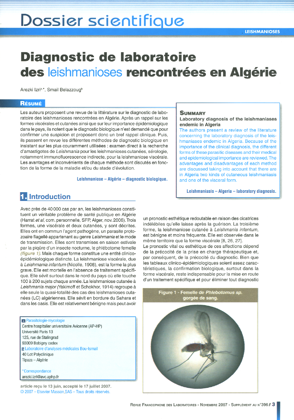Diagnostic de laboratoire des leishmanioses rencontrées en Algérie