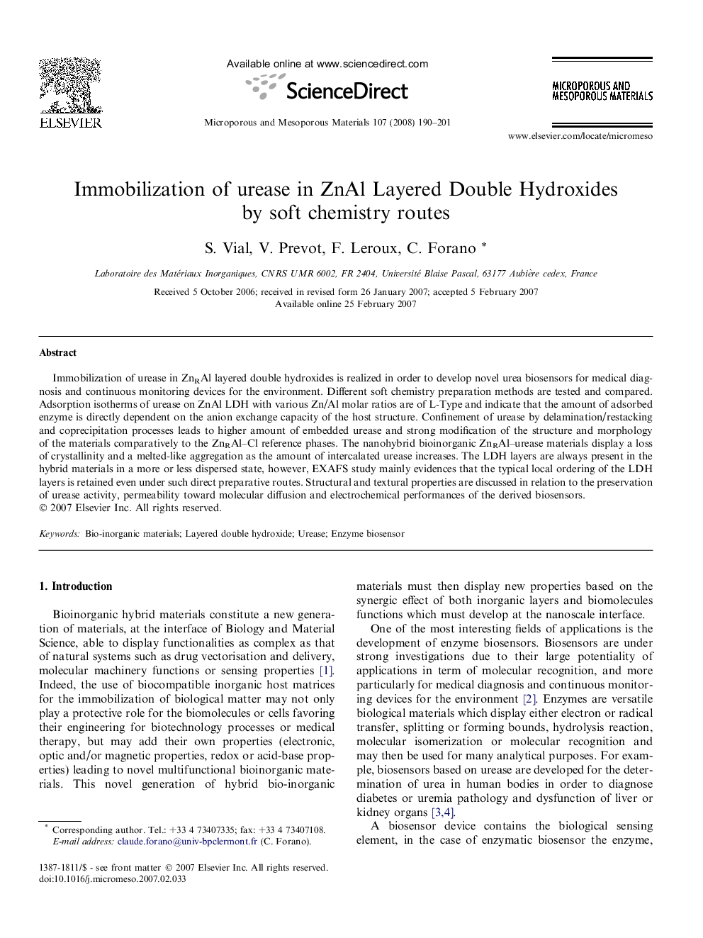 Immobilization of urease in ZnAl Layered Double Hydroxides by soft chemistry routes