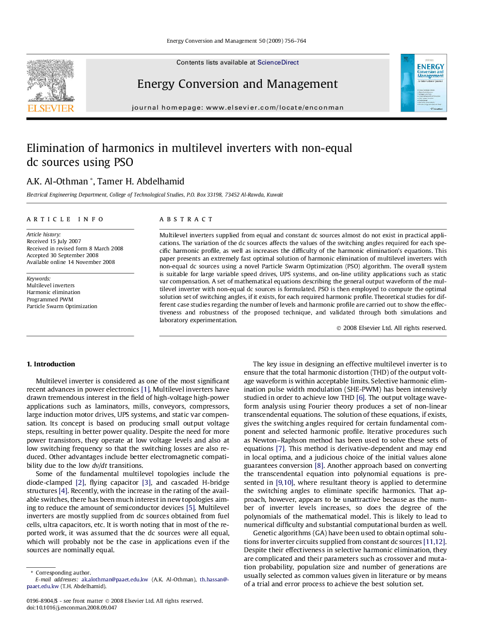 Elimination of harmonics in multilevel inverters with non-equal dc sources using PSO