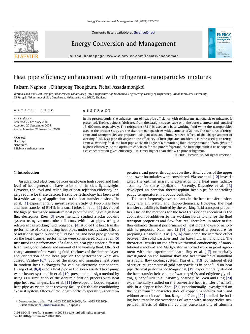 Heat pipe efficiency enhancement with refrigerant–nanoparticles mixtures