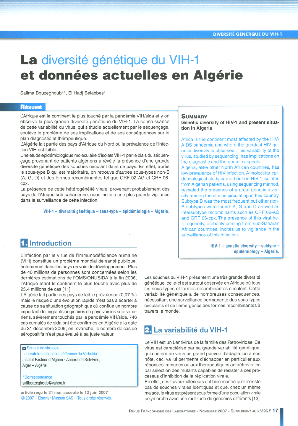 La diversité génétique du VIH-1 et données actuelles en Algérie