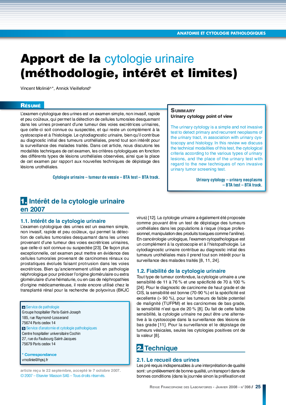 Apport de la cytologie urinaire (méthodologie, intérÃªt et limites)