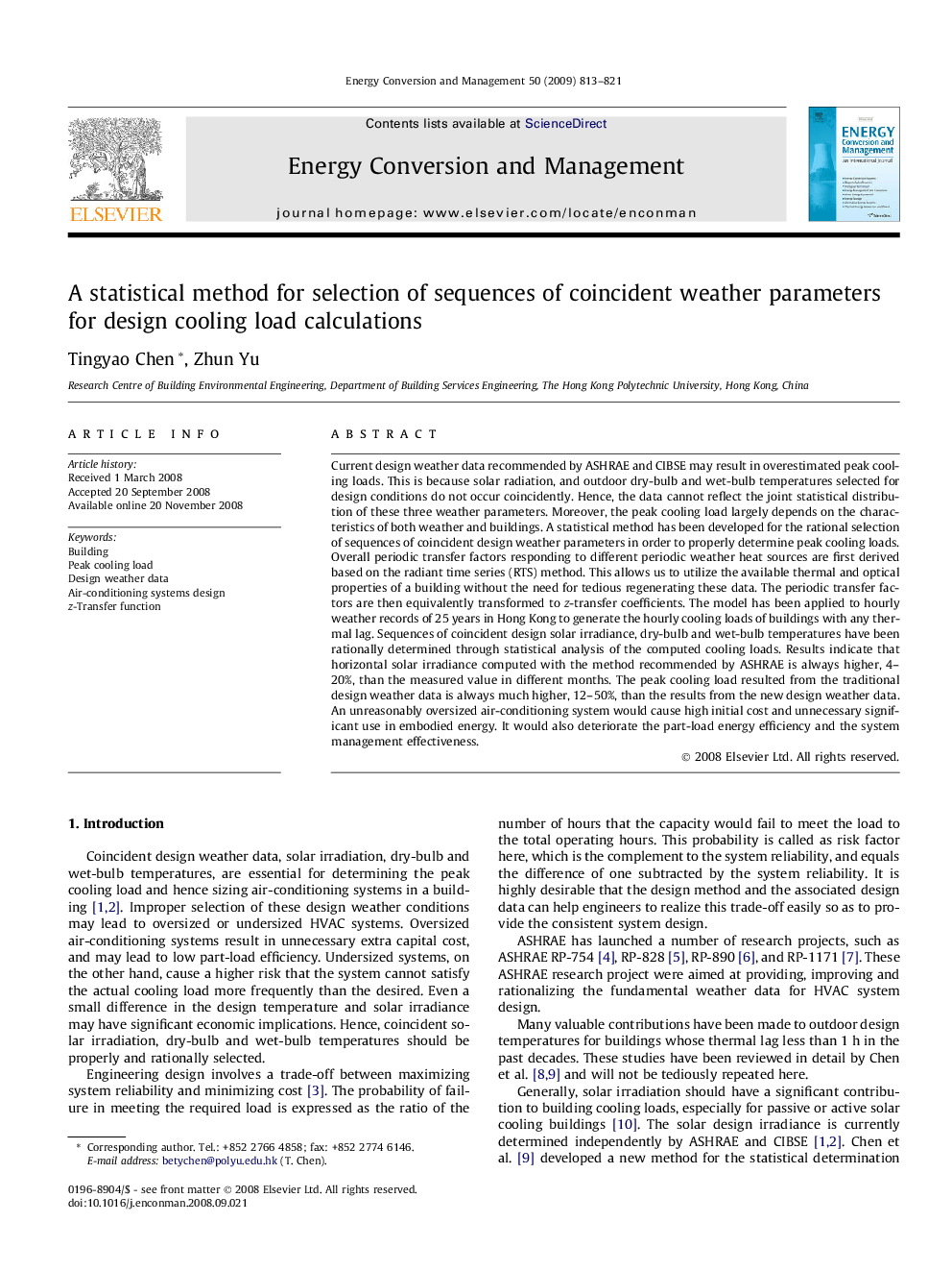 A statistical method for selection of sequences of coincident weather parameters for design cooling load calculations