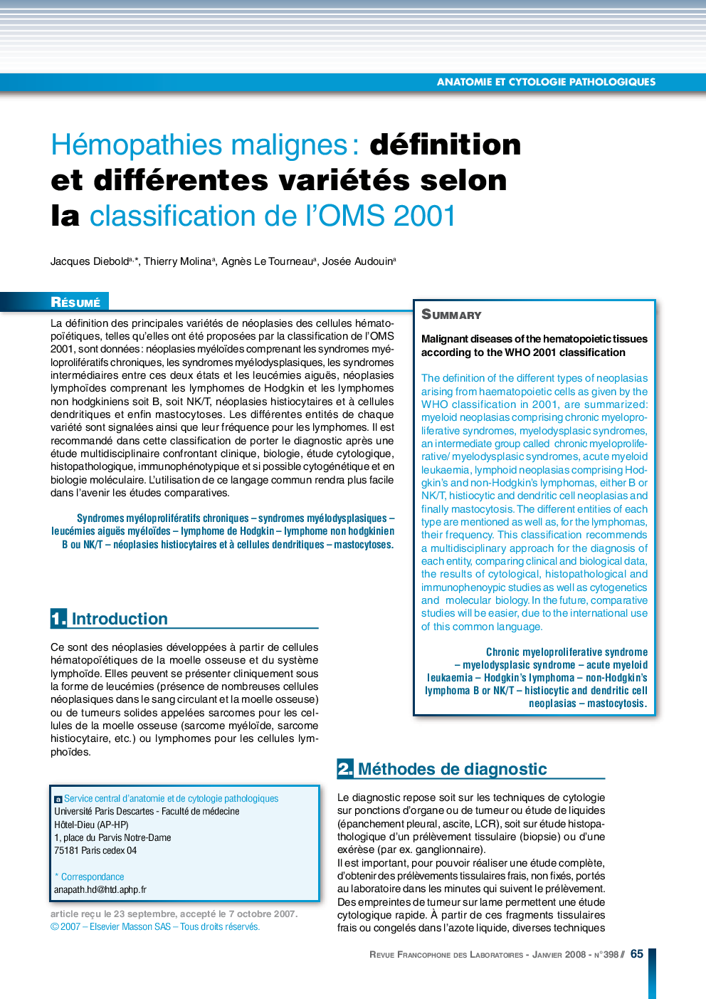 Hémopathies malignes : définition et différentes variétés selon la classification de l'OMS 2001