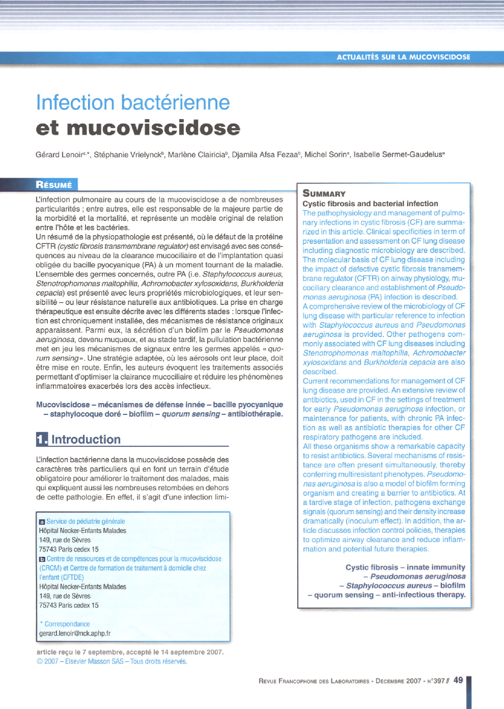 Infection bactérienne et mucoviscidose