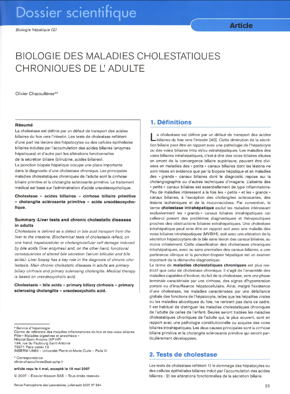 Biologie des Maladies Cholestatiques Chroniques de l' Adulte