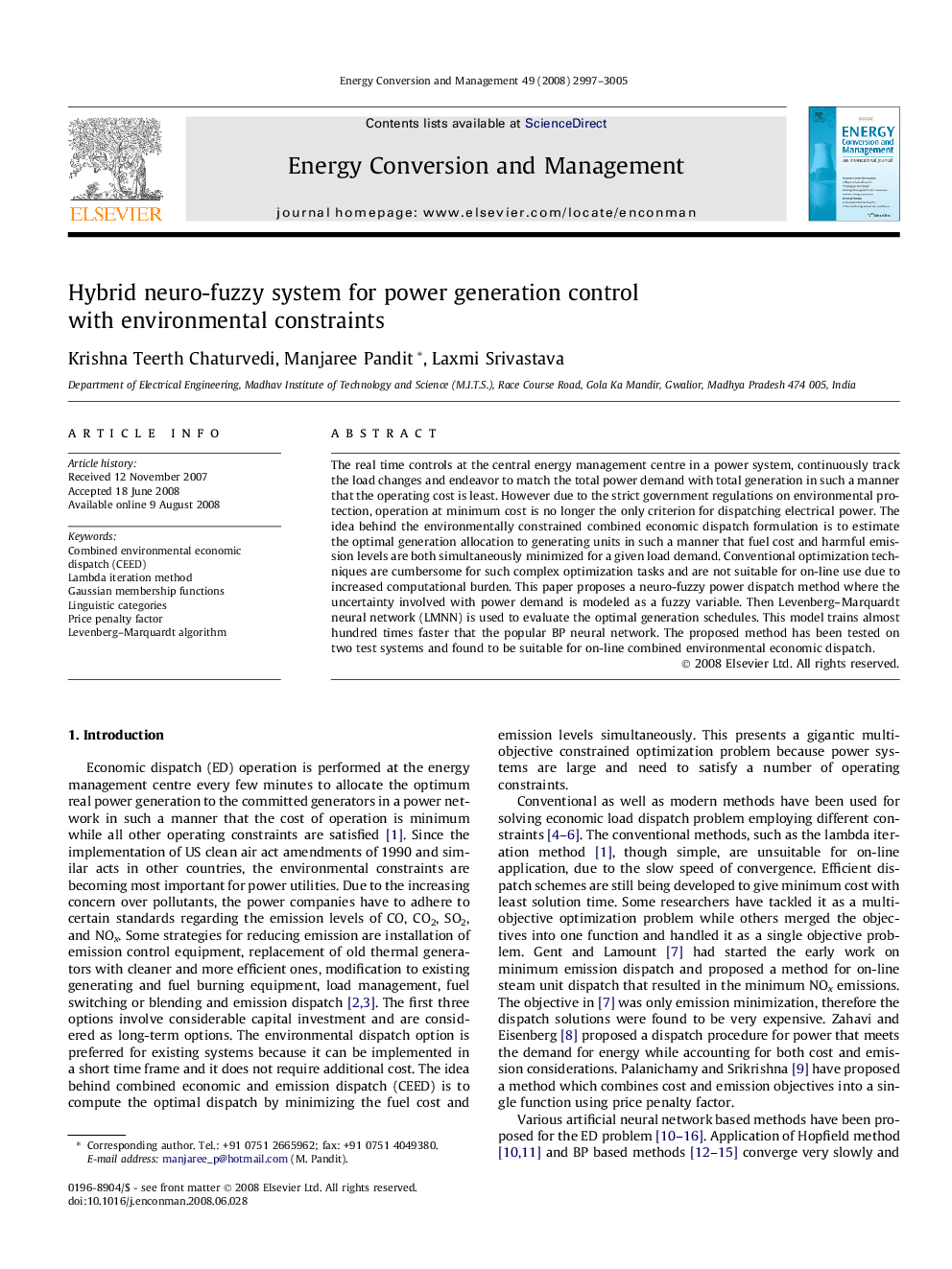 Hybrid neuro-fuzzy system for power generation control with environmental constraints