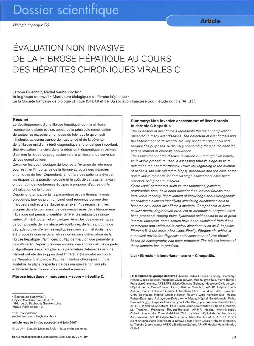 Ãvaluation Non Invasive de la Fibrose Hépatique au Cours des Hépatites Chroniques Virales C