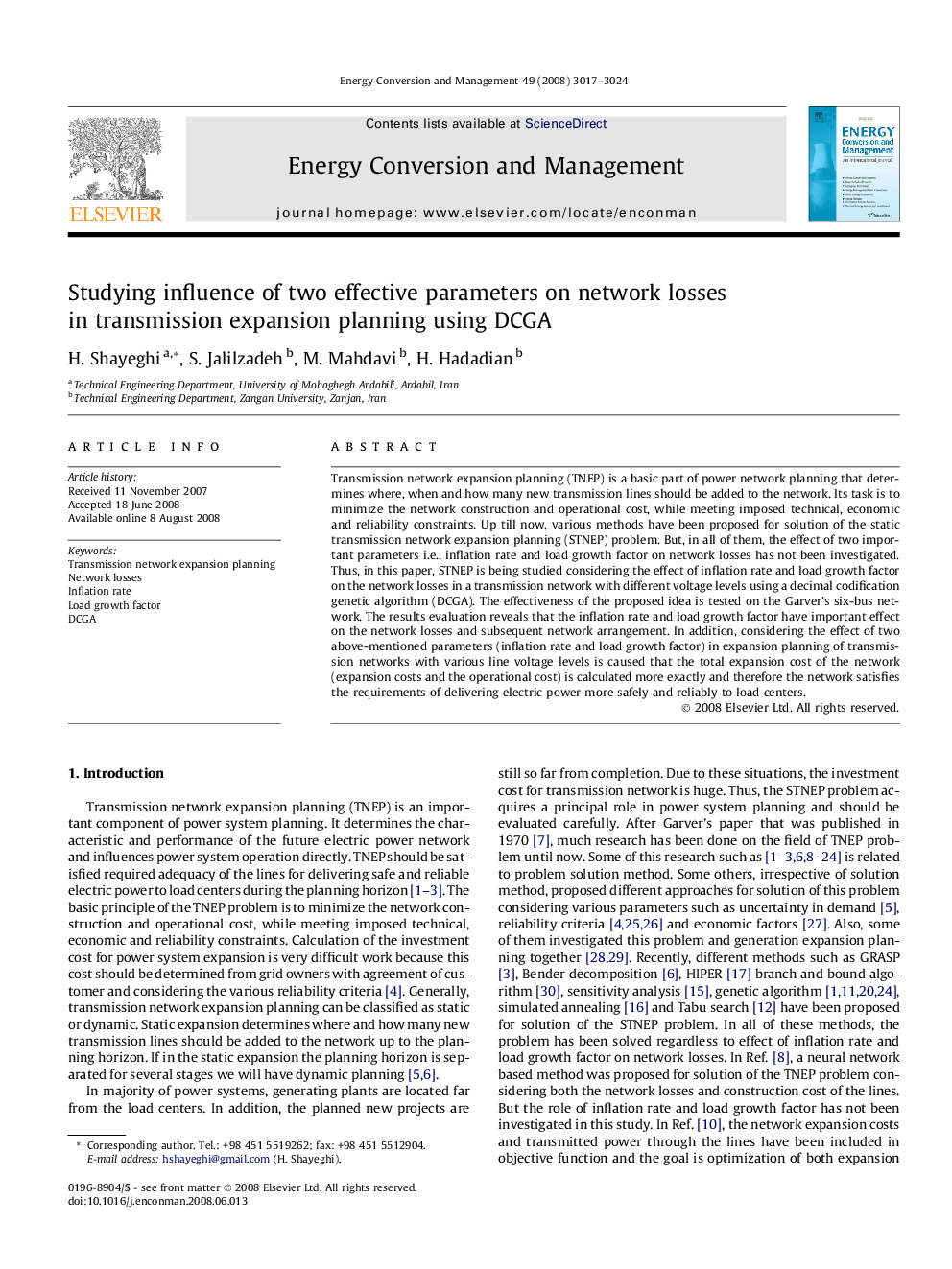 Studying influence of two effective parameters on network losses in transmission expansion planning using DCGA