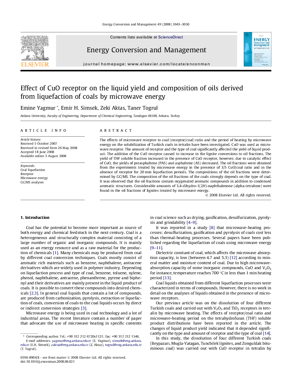 Effect of CuO receptor on the liquid yield and composition of oils derived from liquefaction of coals by microwave energy