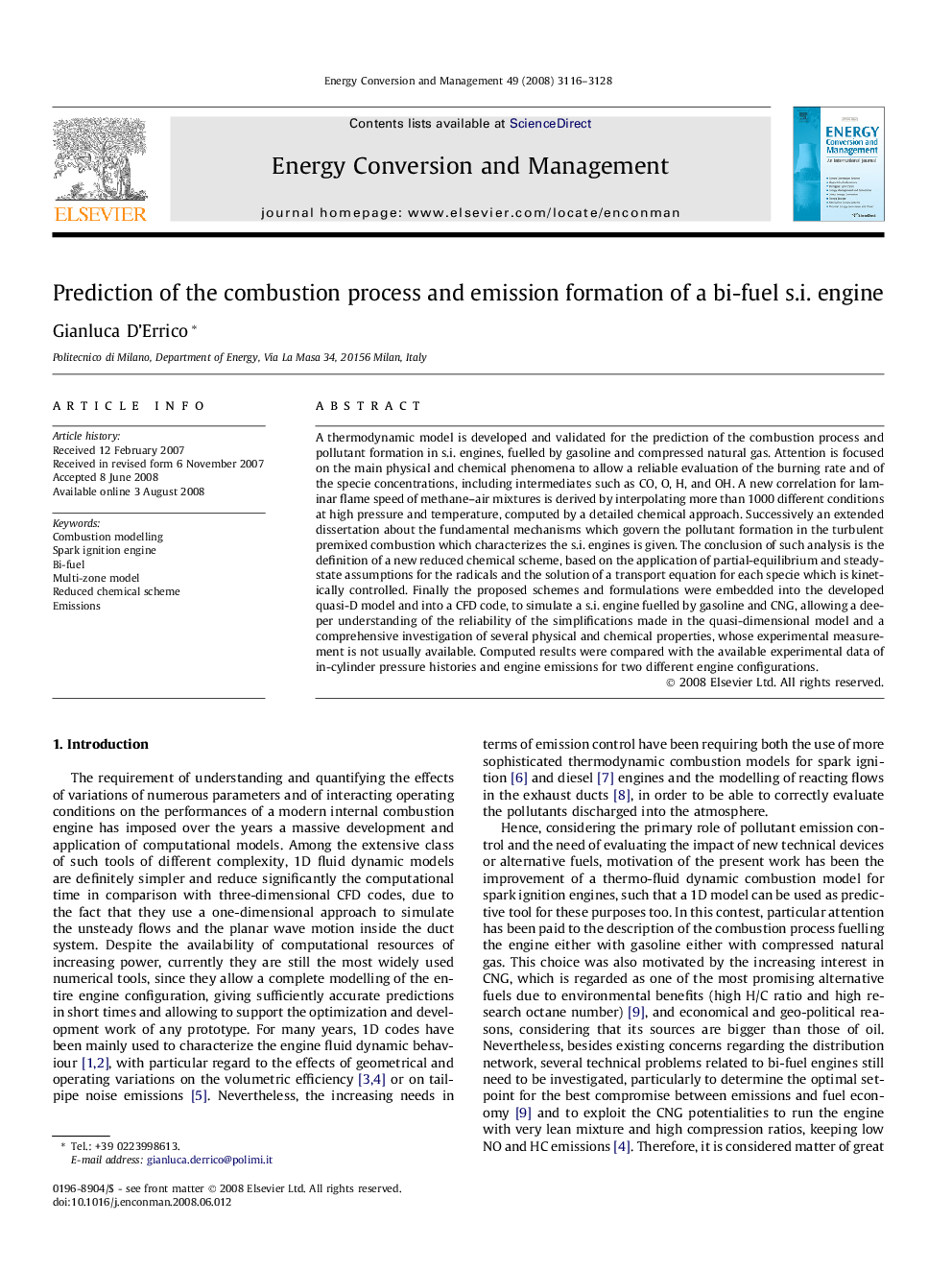 Prediction of the combustion process and emission formation of a bi-fuel s.i. engine