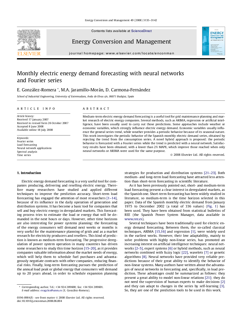 Monthly electric energy demand forecasting with neural networks and Fourier series