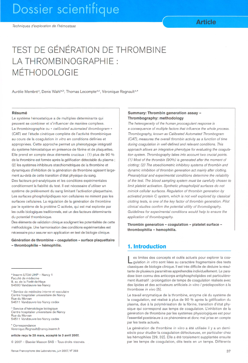 Test de génération de thrombine La thrombinographie: Méthodologie