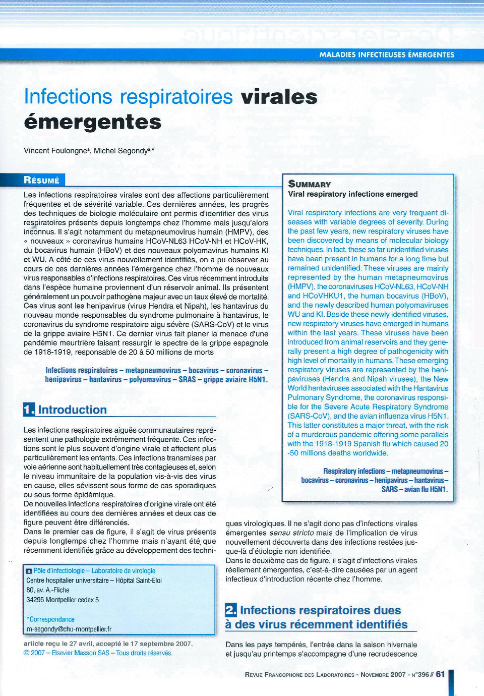 Infections respiratoires virales émergentes