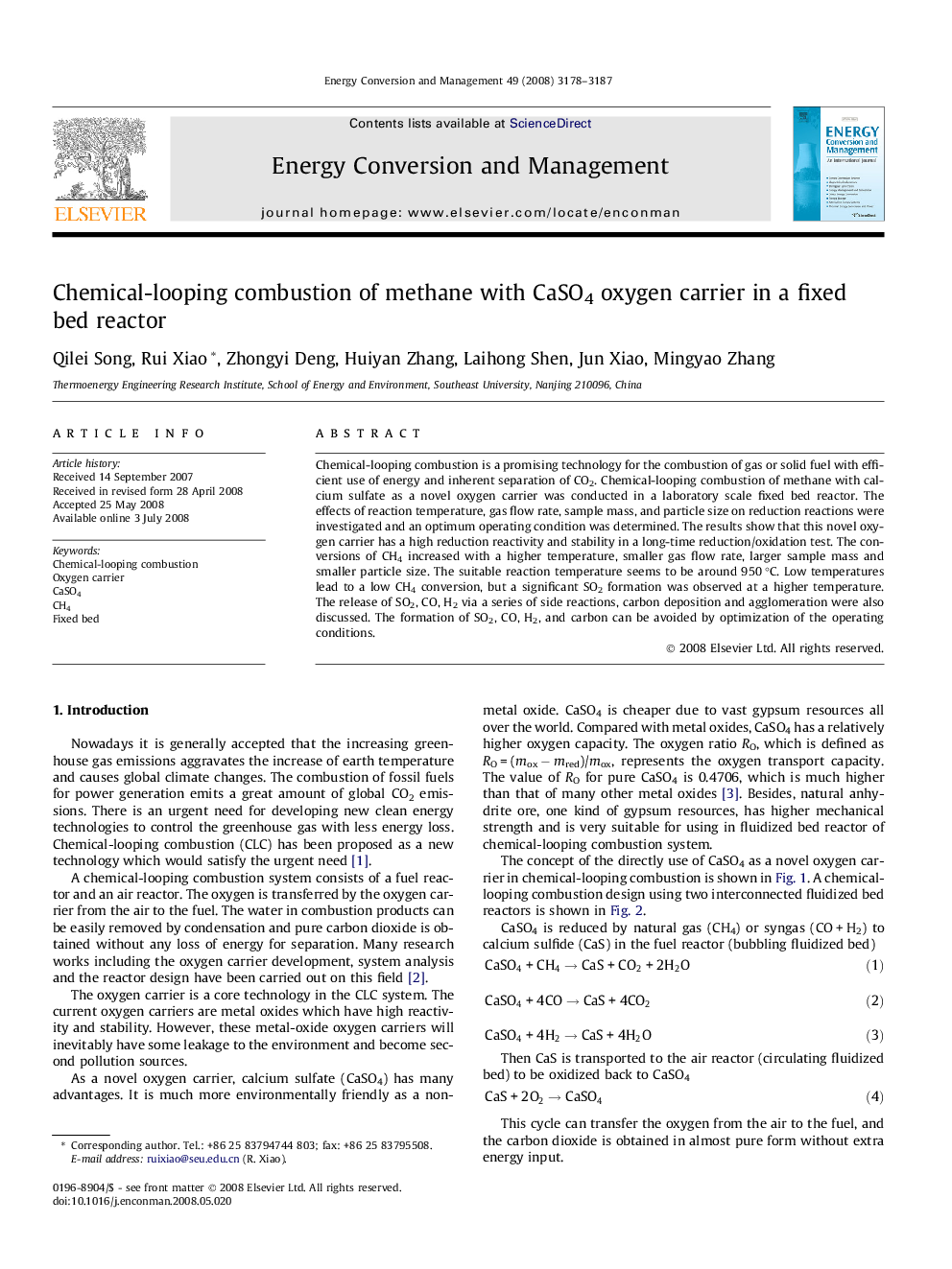 Chemical-looping combustion of methane with CaSO4 oxygen carrier in a fixed bed reactor