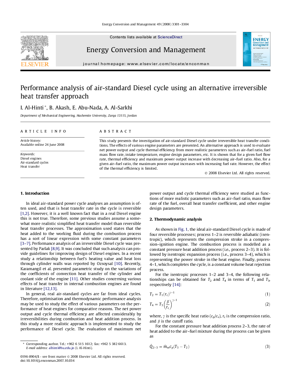 Performance analysis of air-standard Diesel cycle using an alternative irreversible heat transfer approach