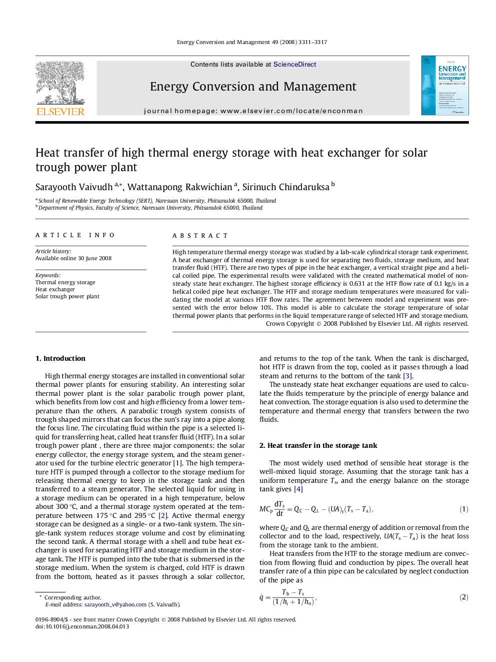 Heat transfer of high thermal energy storage with heat exchanger for solar trough power plant