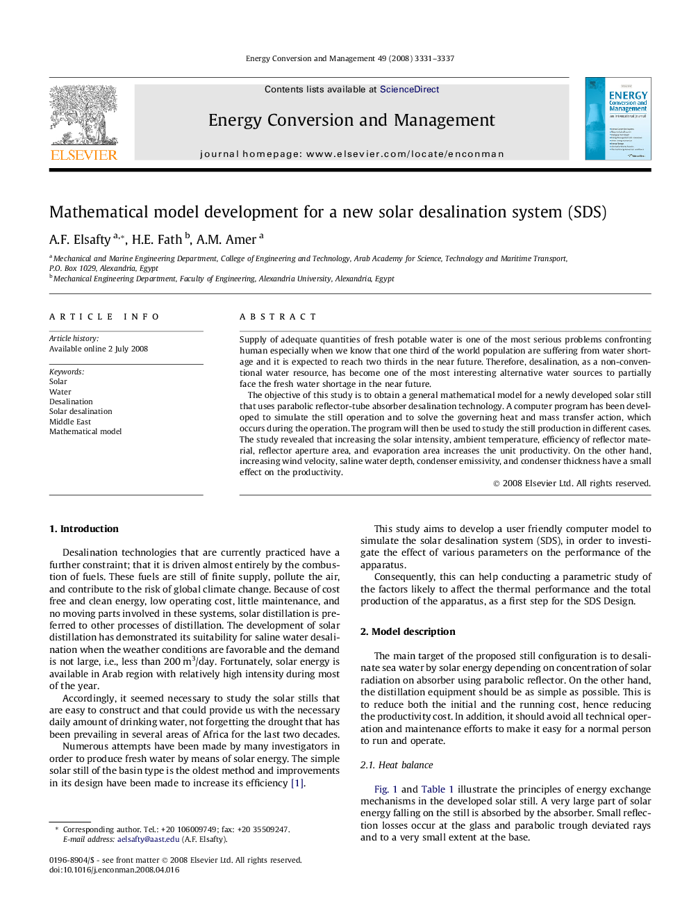 Mathematical model development for a new solar desalination system (SDS)