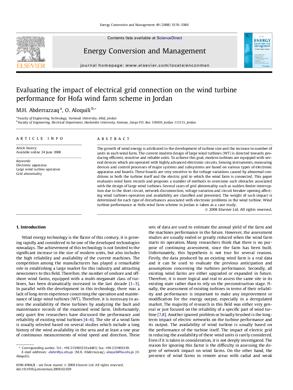 Evaluating the impact of electrical grid connection on the wind turbine performance for Hofa wind farm scheme in Jordan