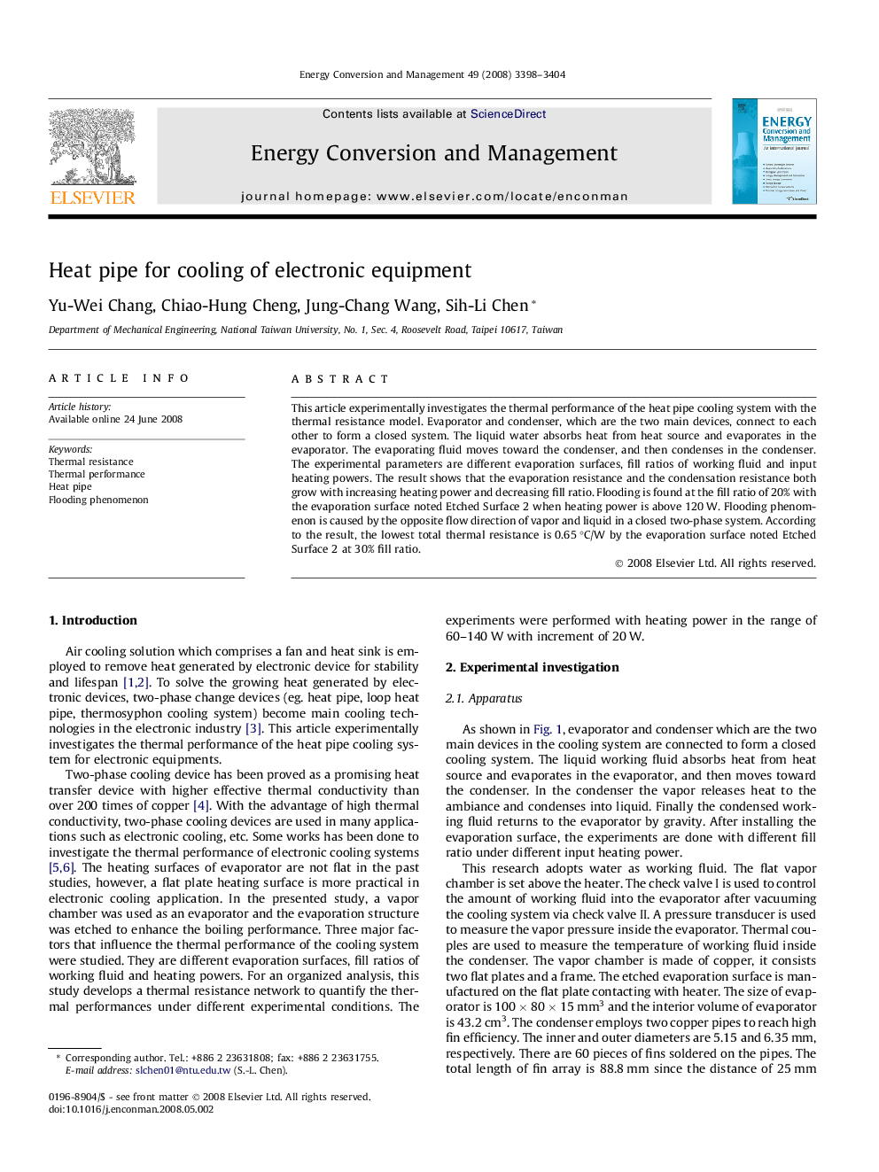 Heat pipe for cooling of electronic equipment